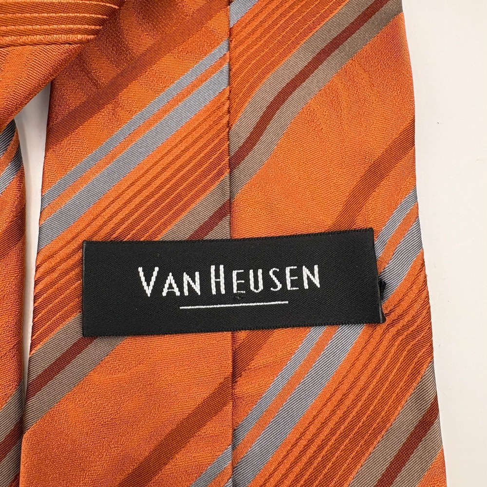 Van Heusen Mens Orange Striped Silk Necktie Stain Resistant 60 Inch Length - Picture 4 of 7